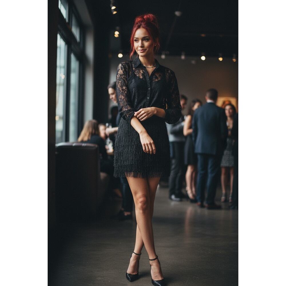 Maeve Anthropologie Black Lace Fringe Mini Dress Twofer NWT M Wednesday Chic